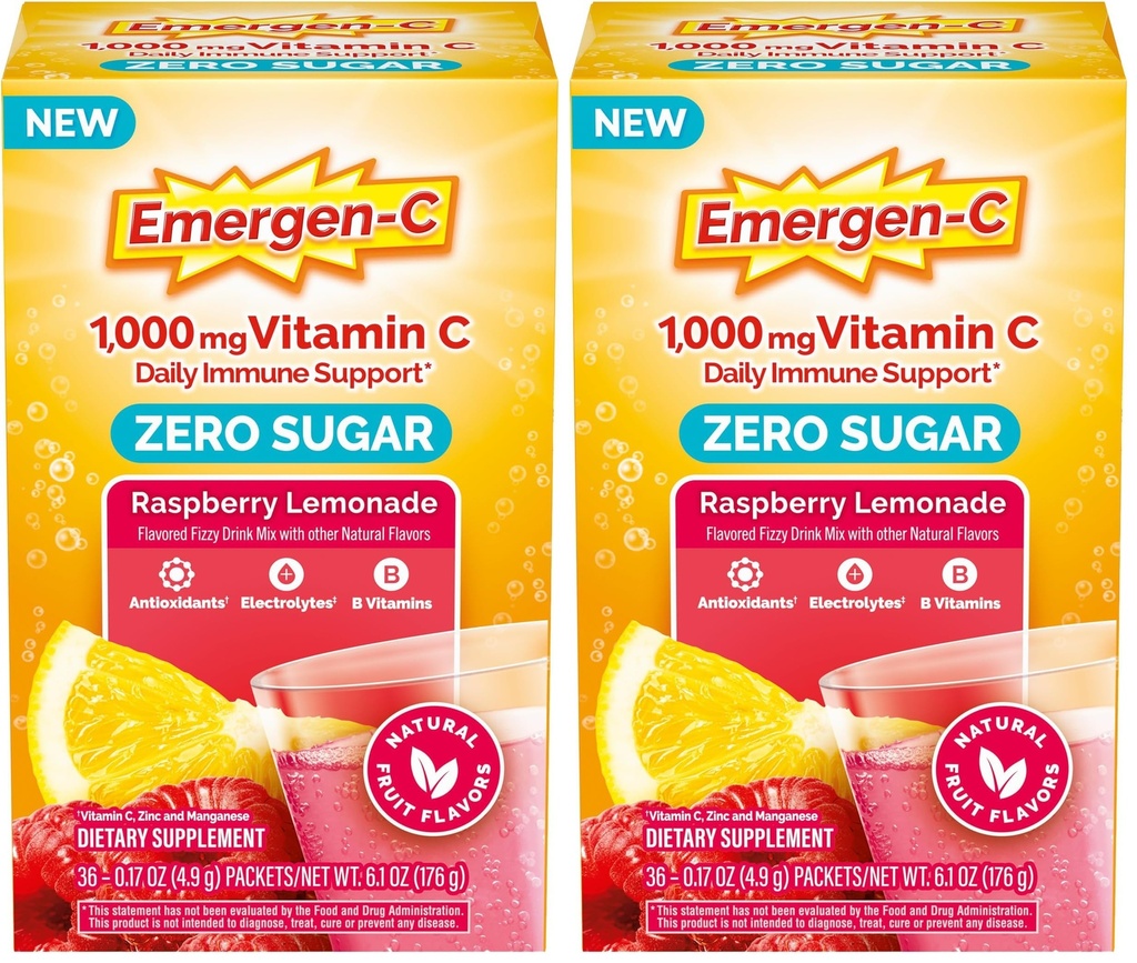 Emergen-C Zero Sugar 1000 mg Vitamin C Powder for Daily Immune Support Caffeine Free Vitamin C Supplements with Zinc & Manganese,B Vitamins&Electrolytes, Raspberry Lemonade Flavor 36 Count(Pack of 2)
