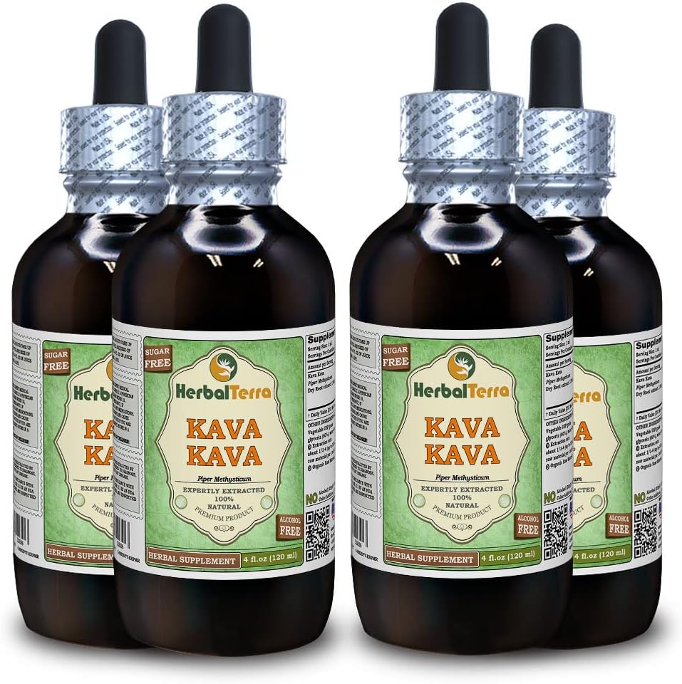 Kava Kava (Piper Methysticum) Glycérite, extrait liquide sans alcool séché (marque: HerbalTerra, fièrement fabriqué aux États-Unis) 4x4 fl.oz (4x120 ml)