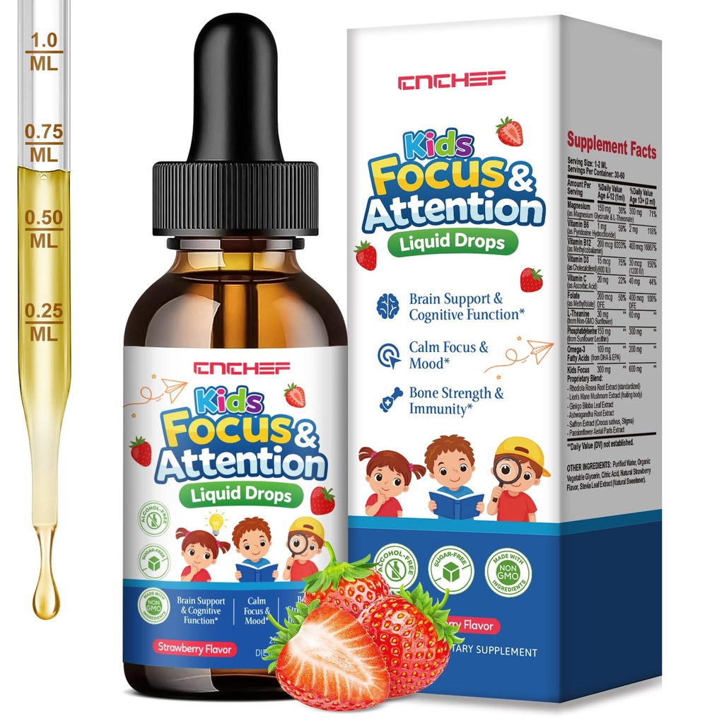 Kids Focus & Attention Supplements with Phosphatidylserine, Magnesium Glycinate, L-Threonate, Omega-3, L-Theanine & multivitamin - Kids ADHD Brain Liquid Drops - for Memory, Cognitive, Calm & Mood