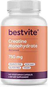 BESTVITE Creatine Monohydraat 750mg (240 Vegetarische Capsules) - Gemicroniseerd - Nee Stearates - Vegan - Niet GGO - Nee Gelatine - Glutenvrij - Creatine Capsules