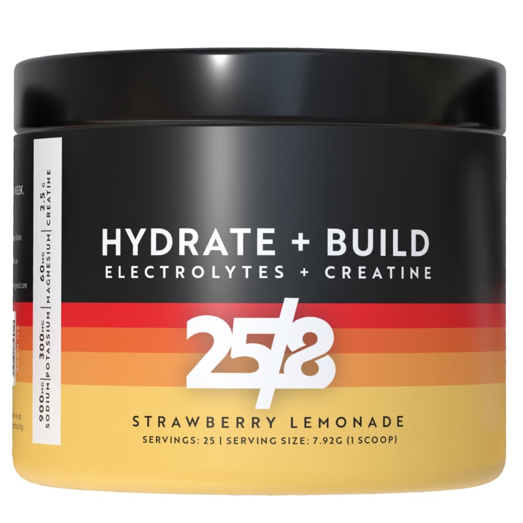 25/8 Electrolytes + Creatine Powder | 2-in-1 Hydration & Performance Drink Mix | Strawberry Lemonade - Sugar Free