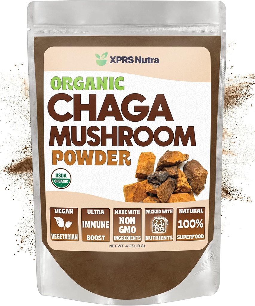 XPRS Nutra Biologische Chaga Paddestoelenpoeder - Premium USDA Biologische Chaga Paddenstoelen Poeder - Chaga Poeder voor Immuniteit - Vegan Vriendelijke Superfood voor Chaga Thee en Dranken (4 Ounce)