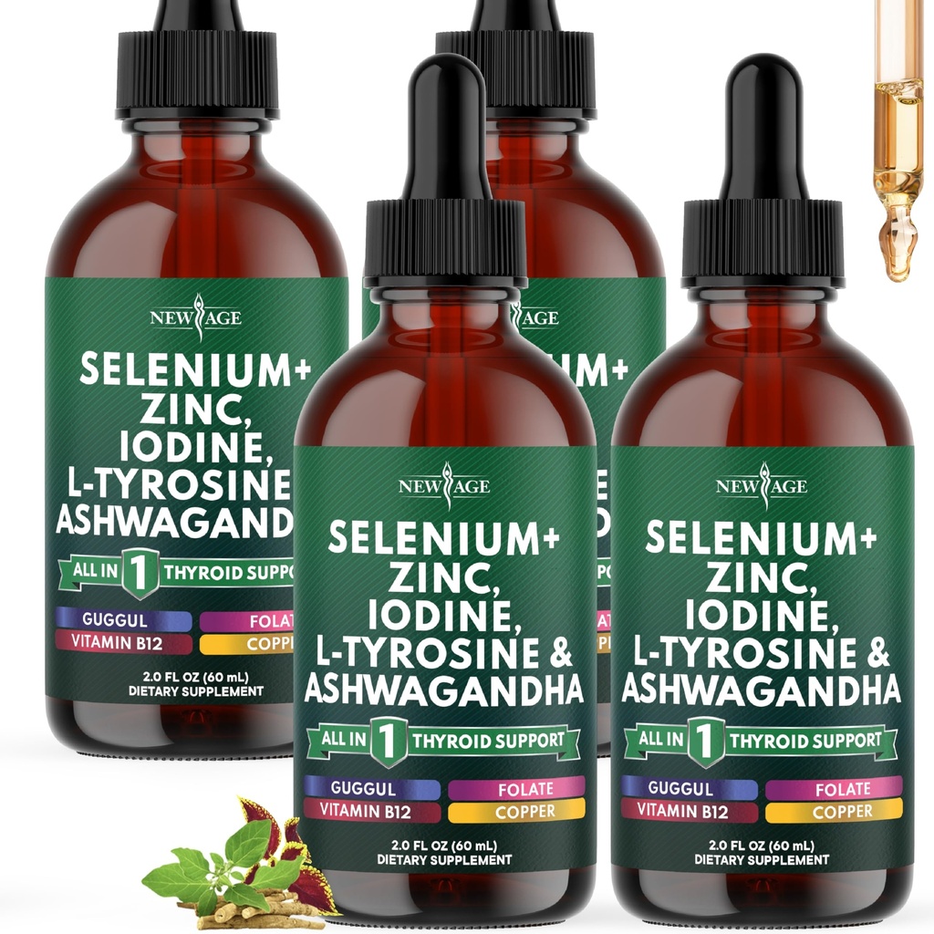 Thyroid Support Drops - Selenium, Zinc, Iodine, L Tyrosine, Ashwagandha, Turmeric, Schisandra Guggu, Cayenne, Basil - Liquid Supplement Folate Copper Alcohol -Free, Vegan, Non-GMO – 8 oz
