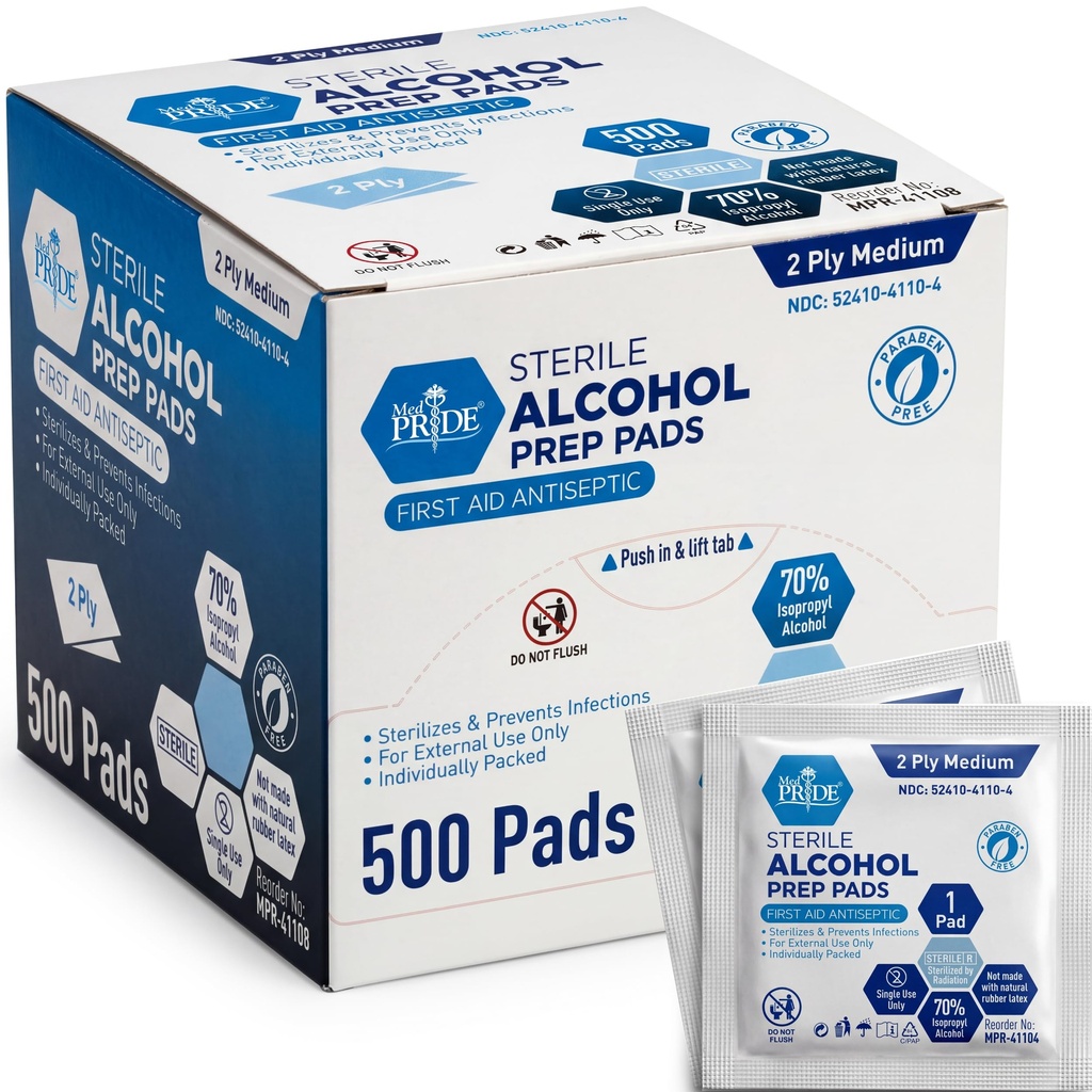MED PRIDE Alcohol Prep Pads, Medical-Grade, Sterile, Individually-Wrapped, Medium Square Size, 2ply (500 Count (Pack of 1))