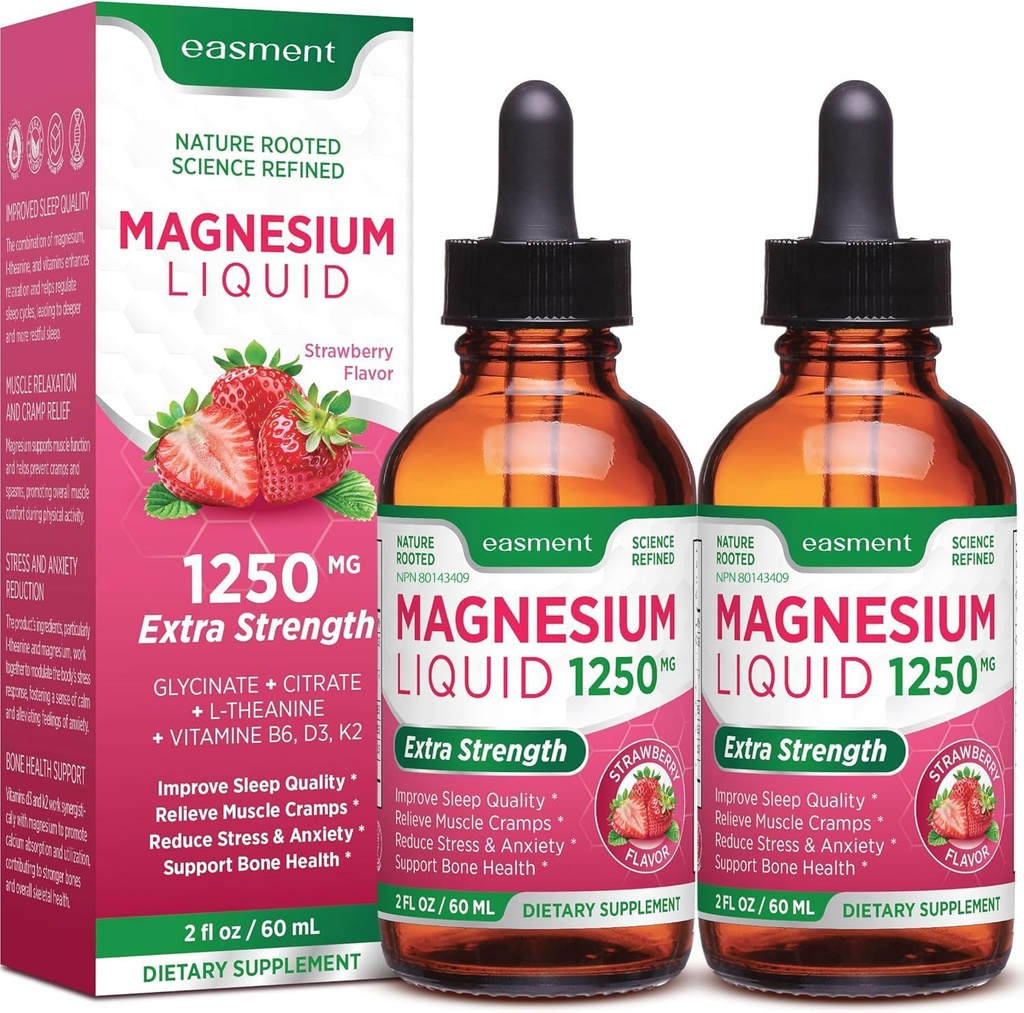 Glycinat de magnésium et supplément liquide de citrate: avec vitamine D3, K2, B6 et L-Theanine, pour la relaxation musculaire, le soutien du sommeil et le bien-être général des femmes - 120mL