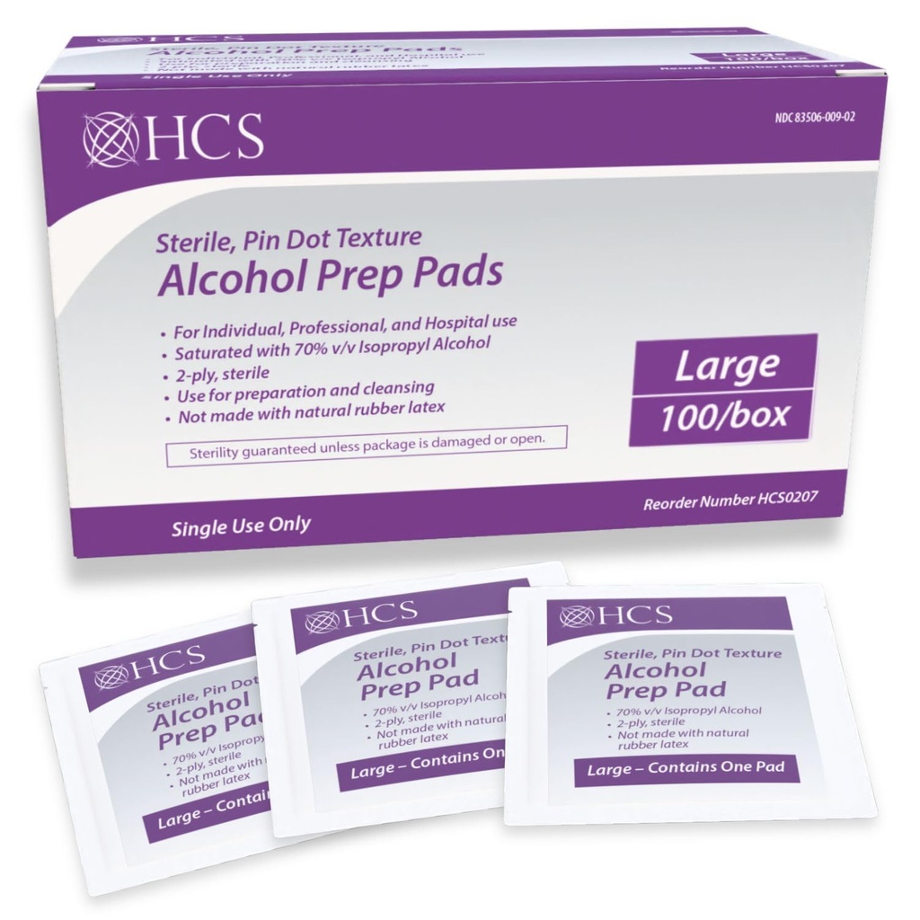 HCS Large Alcohol Prep Pads - Textured, 70% Isopropyl Alcohol Wipes, Individually Wrapped - 2 ply Sterile Skin Prep Swabs for Injections, First Aid (100/Box)