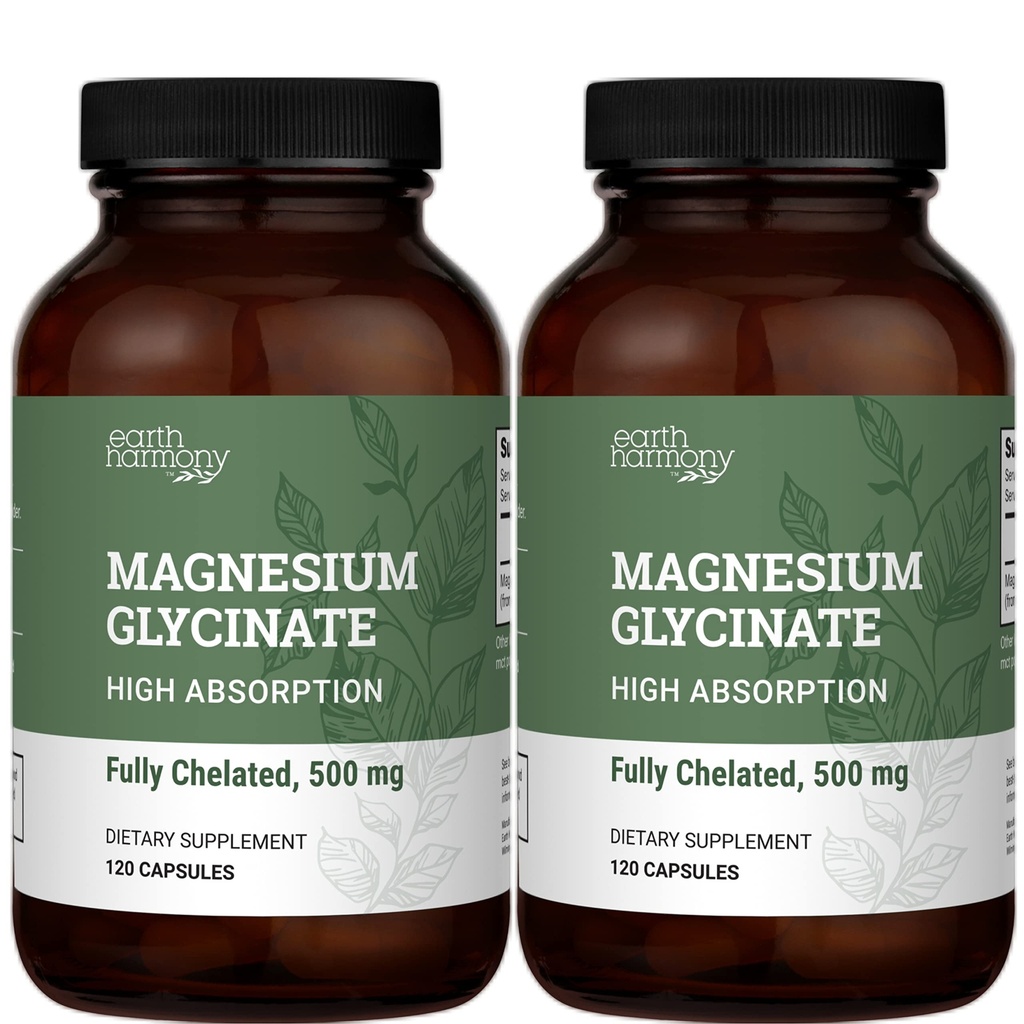 Earth Harmony Chelated Magnesium Glycinate 500mg - 120 Capsules (2-pack, 1000mg Totaal)