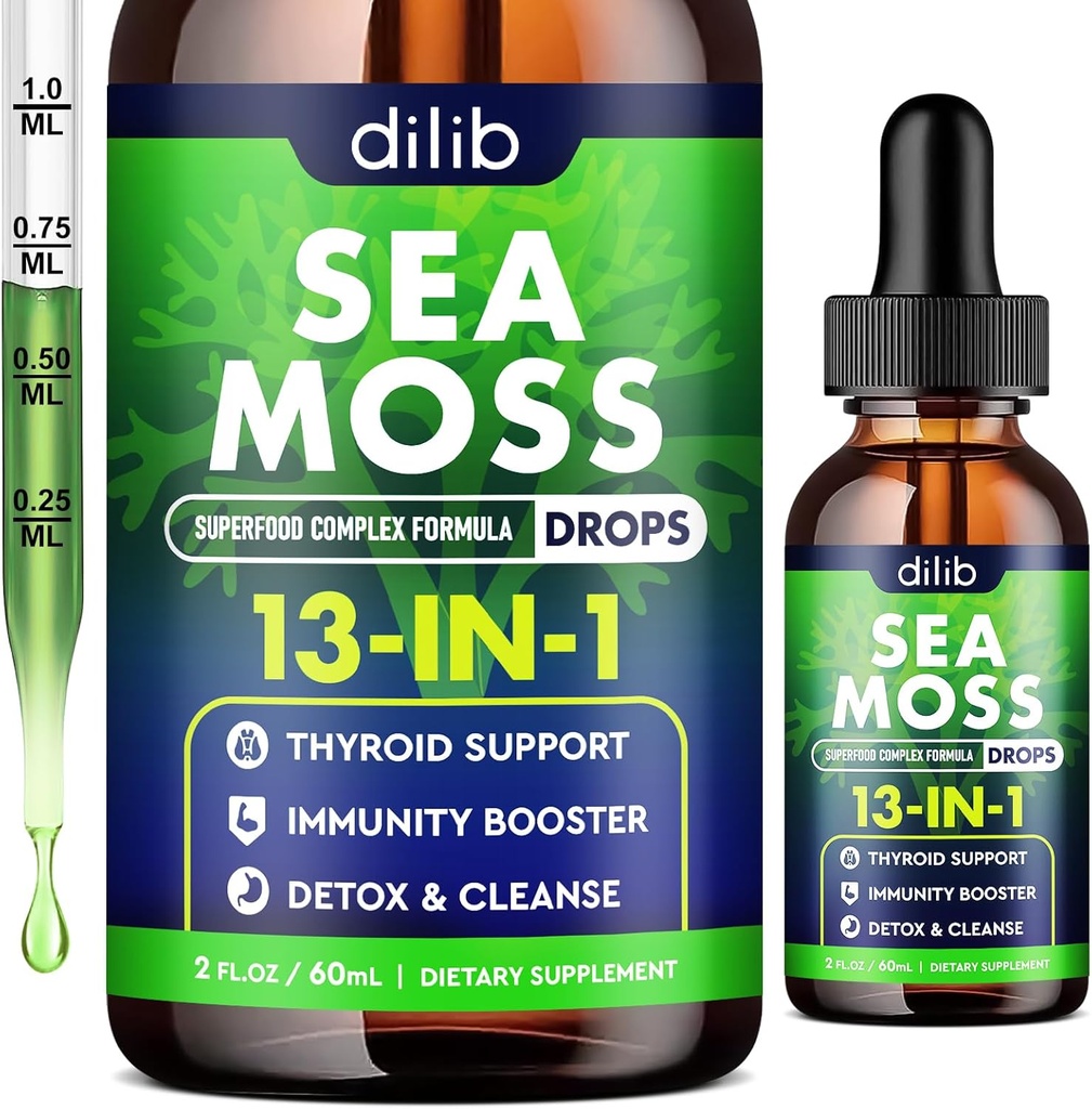 Irish Sea Moss Liquid Drops: 13 en 1 avec de l'huile de graines noires, Ashwagandha, Tumeric, Multiminéral, Vitamine C, E, Support pour Gut Heath Energy Skin Immune Support & Cheveux pour les femmes et les hommes, 2 Fl Oz, Vegan