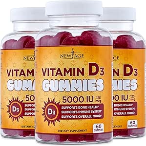 NIEUWE AGE Vitamine D3 5000 IE 125 mcg Gummies - Ondersteuning Immune Support, Strong Bone Health - Non-GMO, Glutenvrij, Dairy-Free, No Gelatine (180 Gummies (Pack of 3))
