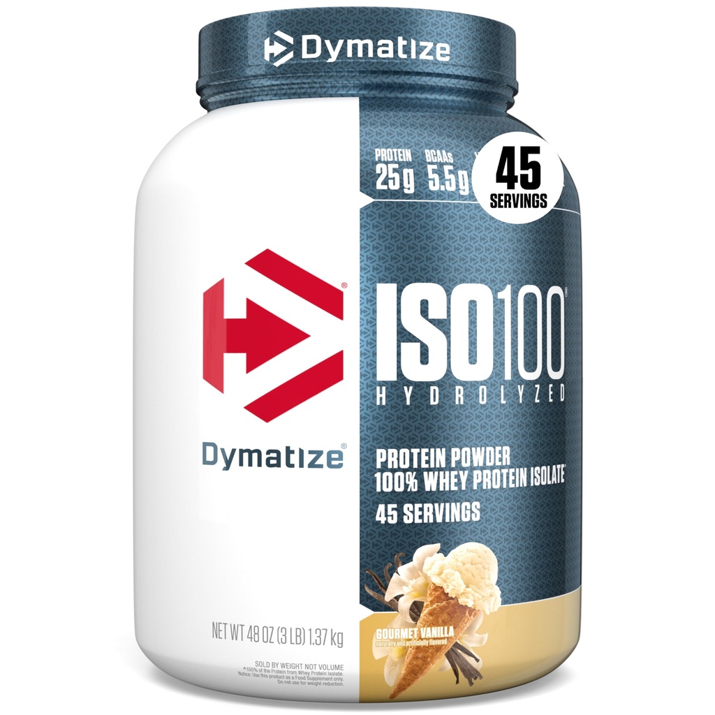 Dymatize ISO100 Whey Protein Powder Isolate, Vanilla, 25g of Protein, 3 Pound, 5.5g BCAAs, Less Than 120 Cal., Gluten Free, 1g Fat, 1g Sugar, 2g Carb (45 Servings) (Pack of 6)