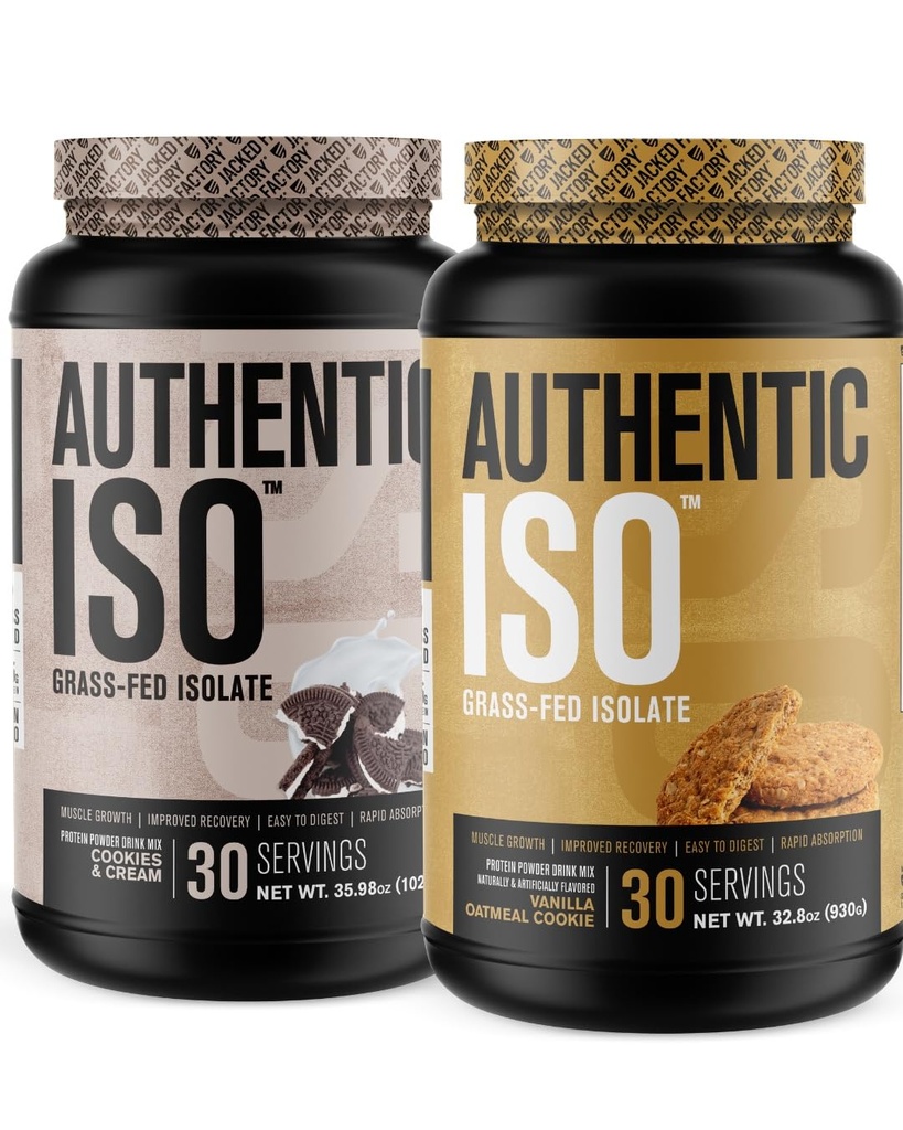 Jacked Factory Authentic ISO Grass Fed Whey Protein Isolate Powder - Low Carb, Non-GMO Muscle Building Protein w/No Fillers (Cookies & Cream, 30sv) & (Vanilla Oatmeal Cookie, 30sv)