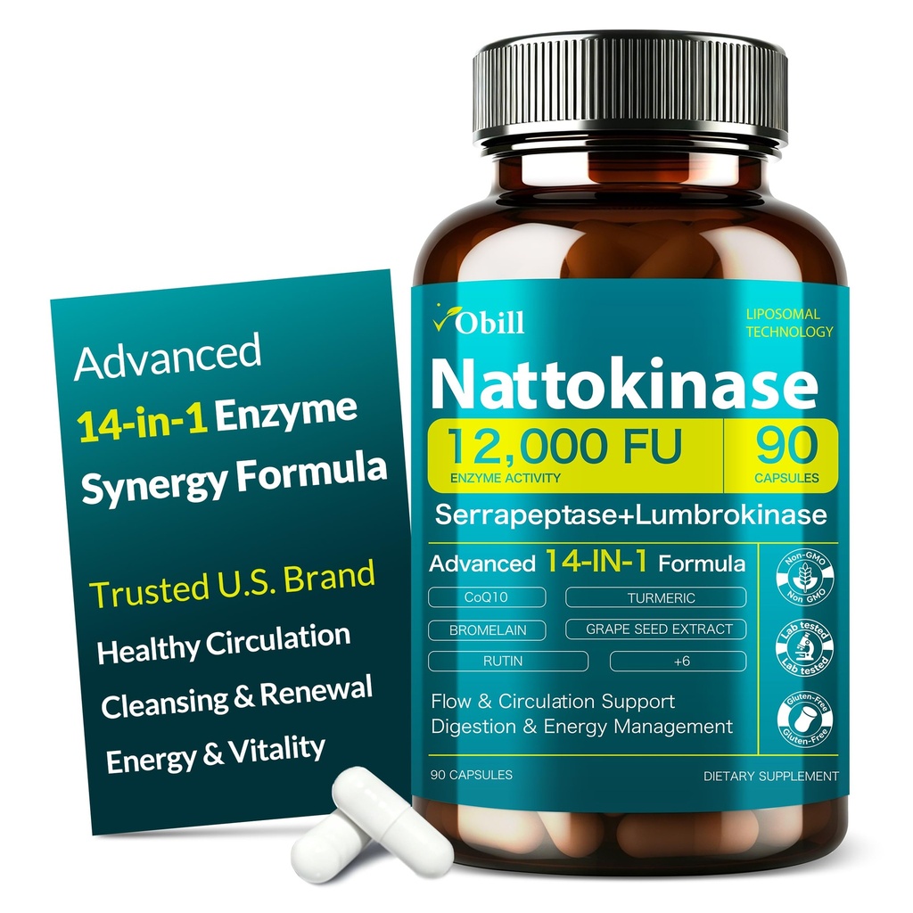 Nattokinase Supplement 12,000 FU (Max Strength) Serrapeptase 360,000 SPU, Lumbrokinase 10,000 FUV & CoQ10 -Systemic Enzymes Complex for Cardiovascular & Circulatory, Gut & Digestion Health-90 Capsules