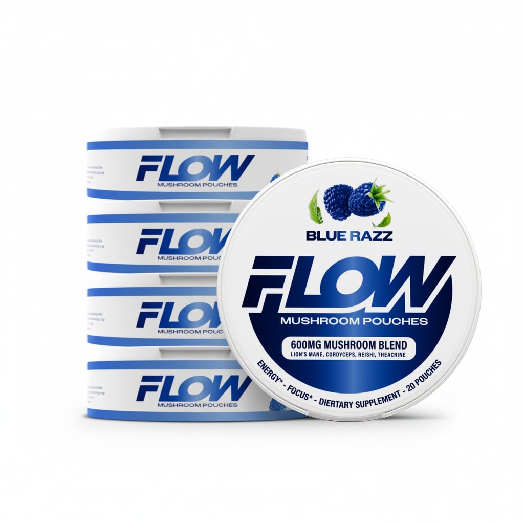 Flow Pouches Mushroom Nootropic Pouches - 600mg Organic Mushroom Energy Ultra Pouches with Lion's Mane, Reishi, Cordyceps for Focus & Clean Energy - Zero Caffeine or Sugar (5 Can Pack, Blue Razz)
