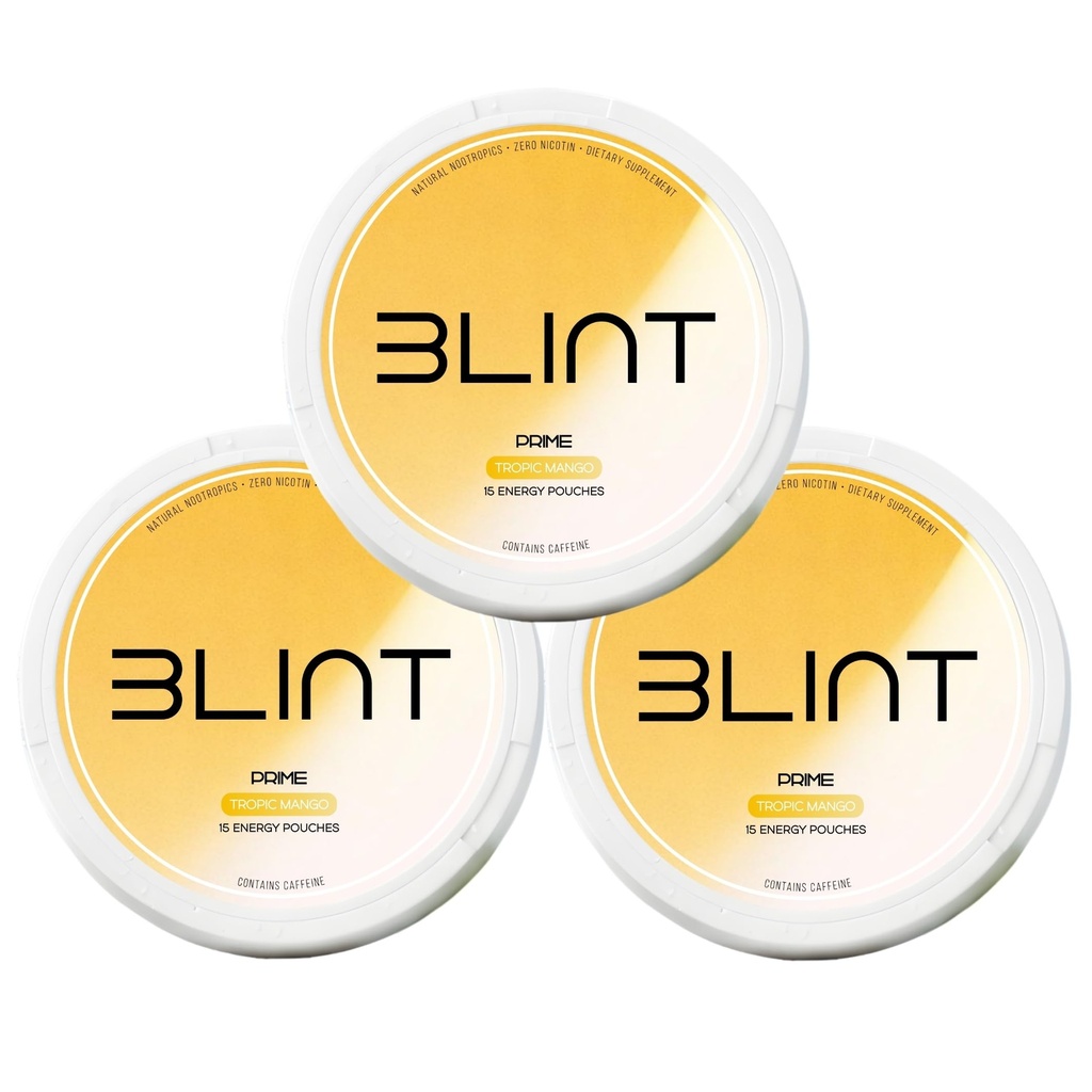 BLINT Prime Caffeine Nootropic Pouches – Nicotine Free | L-Theanine, Alpha GPC, L-Tyrosine | Improves Memory and Focus | Energy Pouches | 15 Pouches Per Can | Tropic Mango (3 Cans)