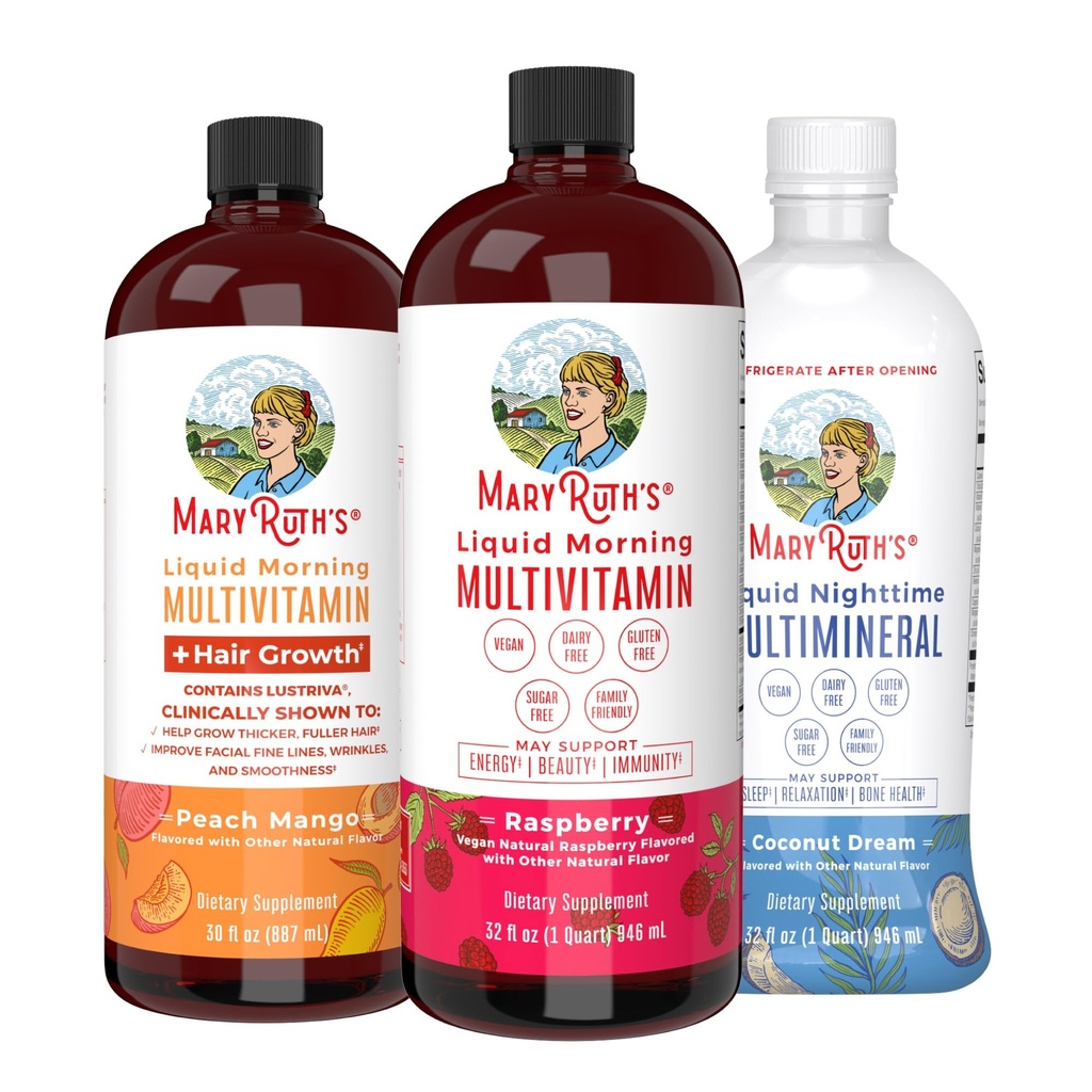MaryRuth's Liquid Morning Multivitamines: +Hair Growth (Peach Mango), Daily Wellness (Raspberry), en Nighttime Multimineral (Coconut) 