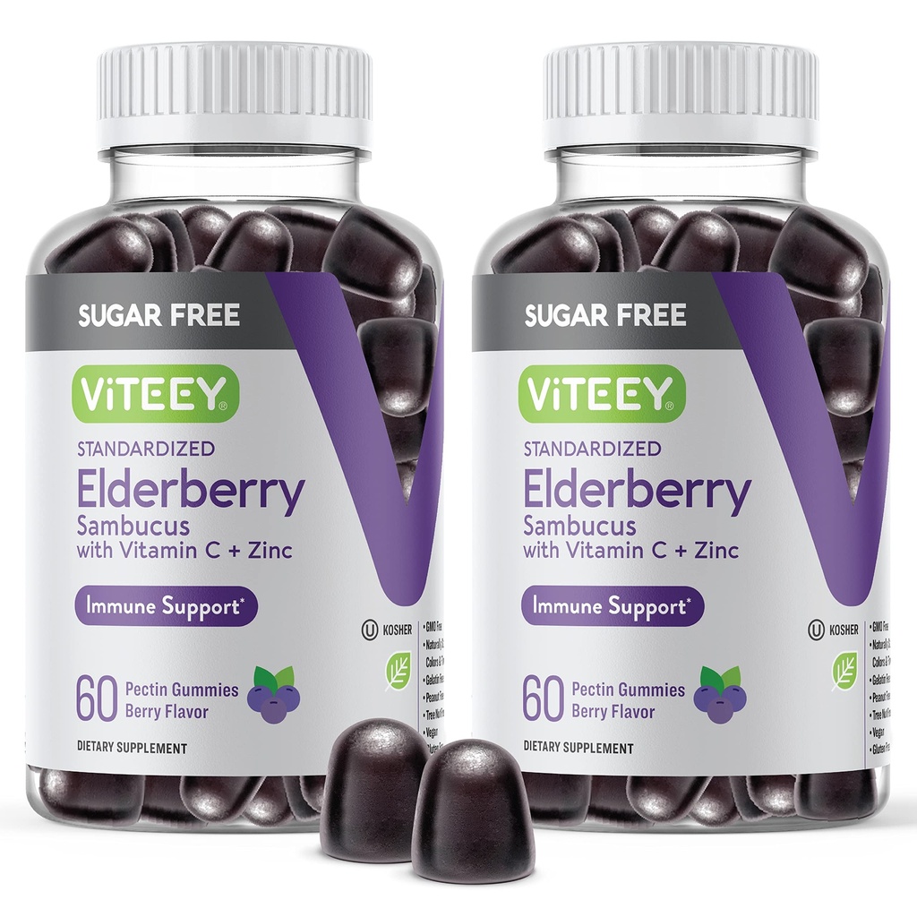 VITEEY Sambucus Vlierbessen Gummies voor volwassenen & tieners + Zink & vitamine C - Suikervrij - Immuunondersteuning & Booster Herbal Supplement - Veganistisch, glutenvrij, gelatinevrij, GGO-vrij, Kauwbaar Berry Flavored