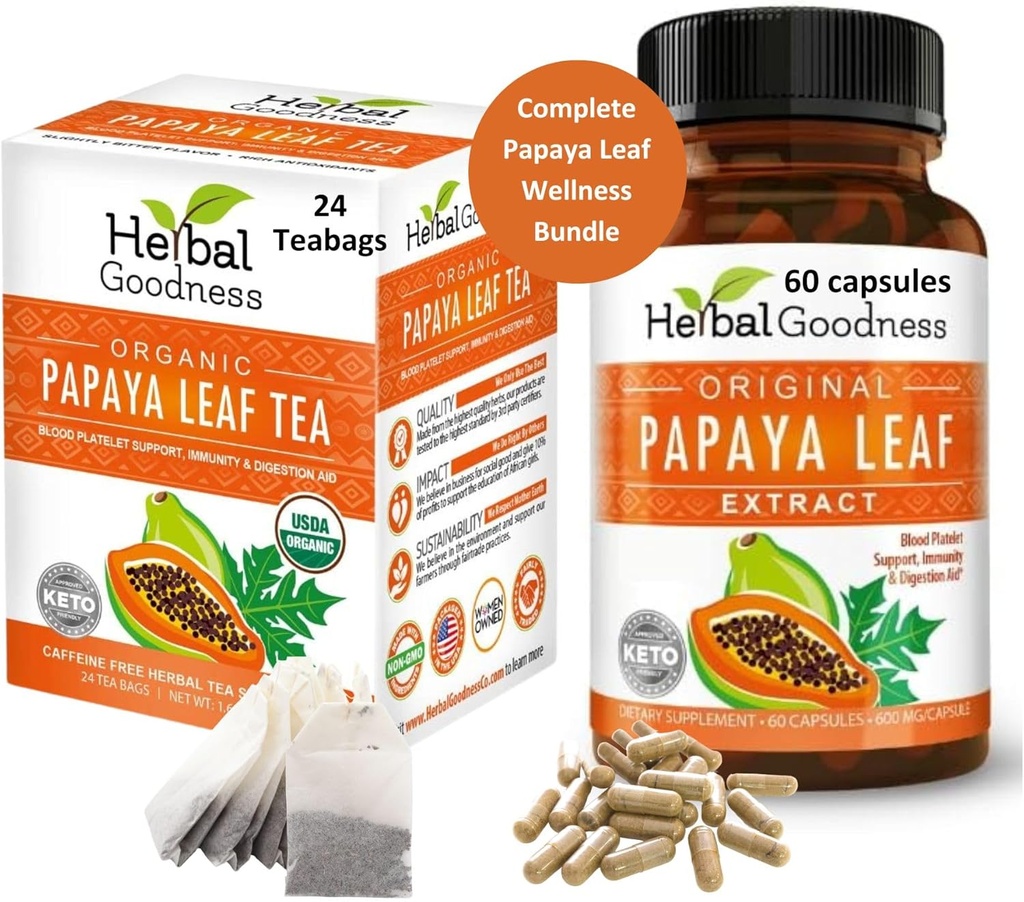 Papaya Leaf Extract Capsule en Papaya Leaf Tea Bundle - Complete ondersteuning Immune Health en Digestive Wellness