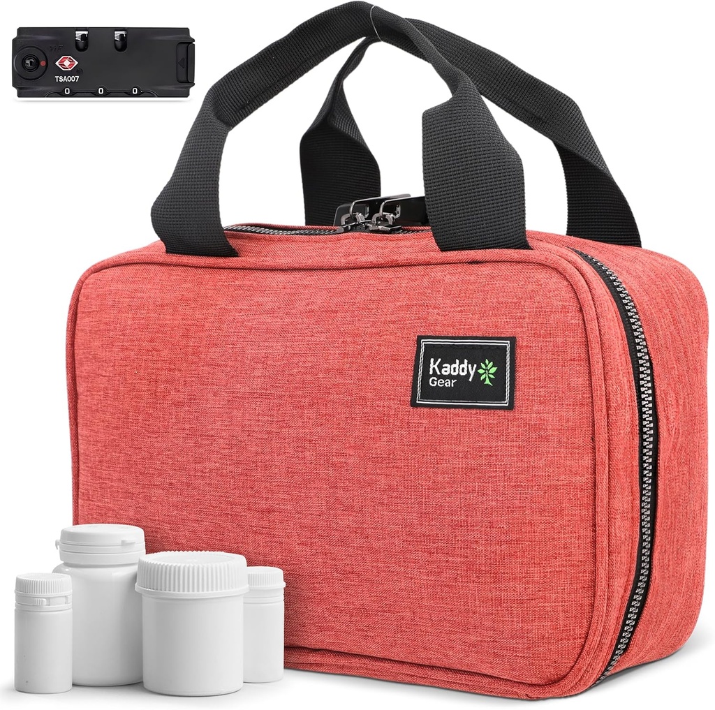 Kaddy Secure Pill Organizer Box, Opslag voor Flessen van Geneeskunde of Supplementen; Toilet; Reizen of thuis, TSA goedgekeurde Lock (Rode)