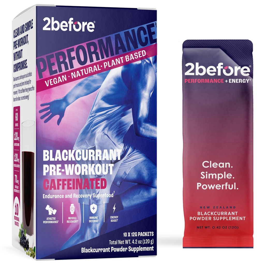 2before Blackcurrant I All Natural Vegan Pre Workout, with 120mg Caffeine I Clean Energy, Endurance, Recovery I Pre Workout Women and Men I 10 x Individual Packets I Informed Sports Certified
