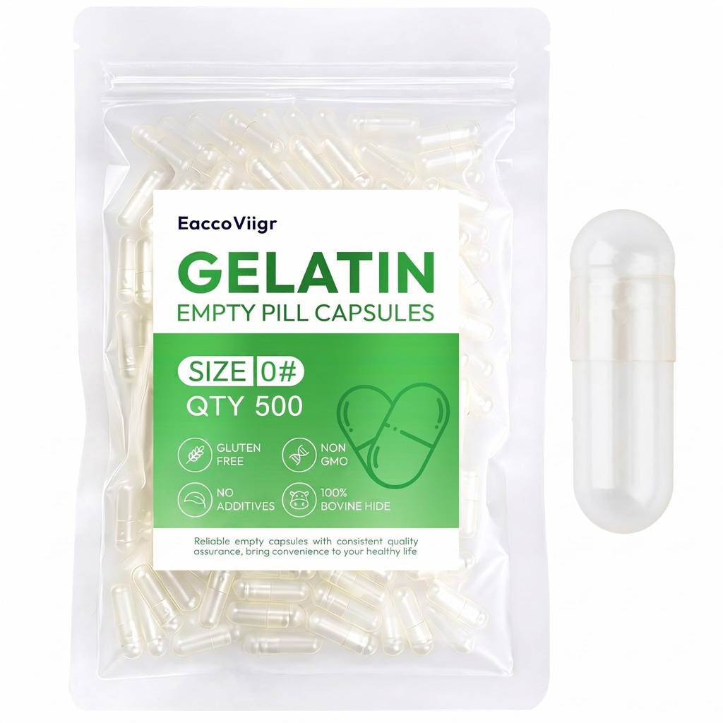 Size 0 Gelatin Empty Capsules - 500 Count Clear Empty Pill Capsules, Fillable Empty Gel Capsule for Homemade Vitamins & Powders, Easy for DIY Supplements