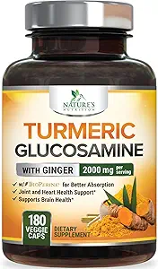 Turmeric Curcumin Supplement 2000mg - 95% Curcuminoids with Glucosamine, Ginger & MSM, BioPerine Black Pepper for Best Absorption, Nature's Vegan Joint Support, Non-GMO, Bottled in USA - 180 Capsules
