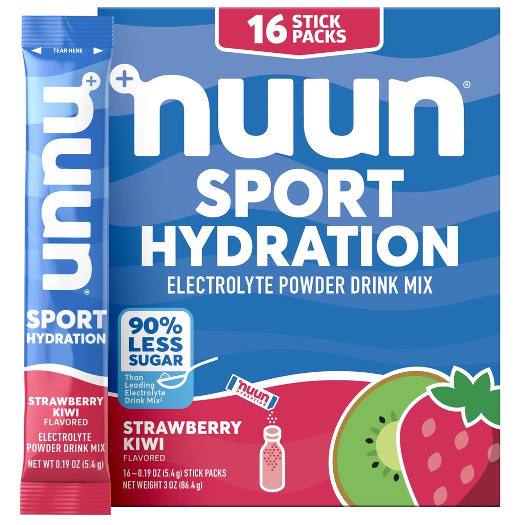 Nuun Sport Electrolyte Powder Packets with Magnesium, Calcium, Potassium, Chloride, and Sodium, Hydration Packets for On-the-Go, Strawberry Kiwi Flavor, Gluten Free & Vegan, 16 Single Servings