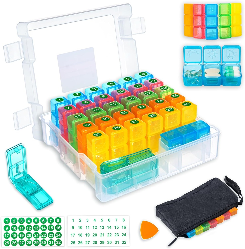 Maandelijkse pil Organizer 3 keer per dag met 31 dagen vochtdichte doos, Weekly pil Bag, Pillensnijder, Stickers, Plastic Opening Kies voor gemakkelijk gebruik, Handige dagelijkse medicatie management(White)