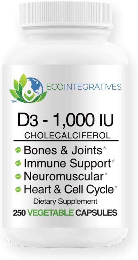 Vitamine D3-1.000 IE 25 mcg (Cholecalciferol) Hypoallergeen Ondersteuning voor spieren, botten en tanden, borst, prostaat, hart- en vaatziekten, Colon & Immune Health (250 Veggie Capsules)