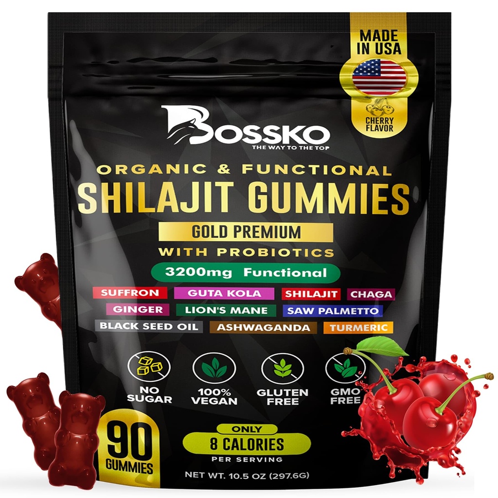 3200 MG Pure Himalayan Shilajit Gommies organiques pour hommes et femmes avec probiotiques & Magnésium Ashwagnadha Chaga Turmeric Fulvic Acid 105+ Trace Minerals I Vegan Non-GMO I Lab testé I 90 Comte