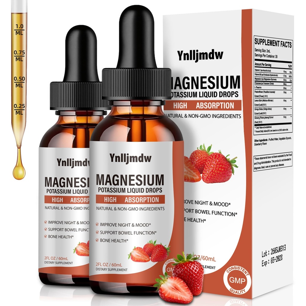 Magnesium Glycinate Liquid Drops,1000 mg Liquid Magnesium Supplement met Bromelain, Vitamine B6 C D, Hoge Absorptie Magnesium Complex voor Nacht, Spier & Energie Ondersteuning, 2 Fl Oz (verpakking van 2)