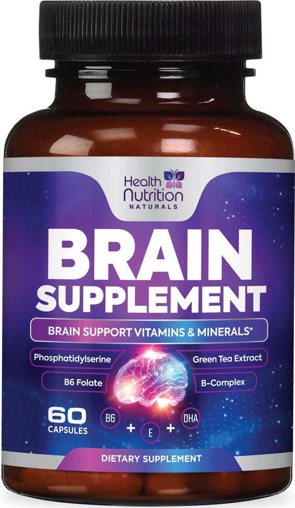 Hersensupplementen voor geheugen en focus - Extra sterkte Nootrope capsules voor concentratie, alertheid, cognitieve ondersteuning - Fosfatidylserine, DMAE, Brain Health Vitaminen B6 C E Zink - 60 capsules