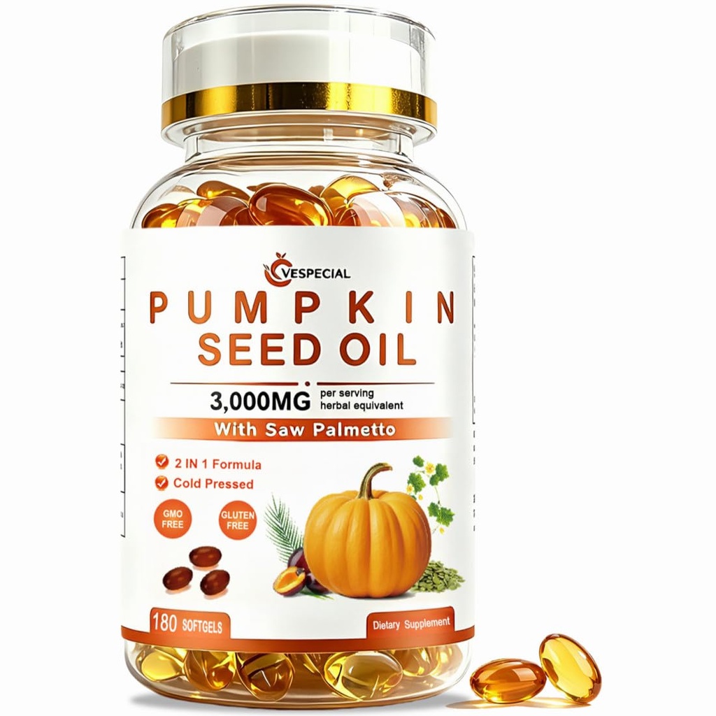Pumpkin Seed Oil with Saw Palmetto, Pumpkin Seed Oil Capsules | 3000mg Per Serving, Cold-Pressed with Essential Fatty Acids & Phytosterols | Supports Hair, Bladder & Prostate Health | 180 Softgels