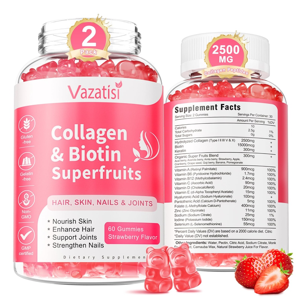 2 Pack Sugar Free Collageen Gummies voor vrouwen Mannen, Multi Collageen Peptides Gummies Type I II III V X met Biotin Vitamine A B C D E voor haarhuid Nagels, Aardbei smaak, 120 Tellen