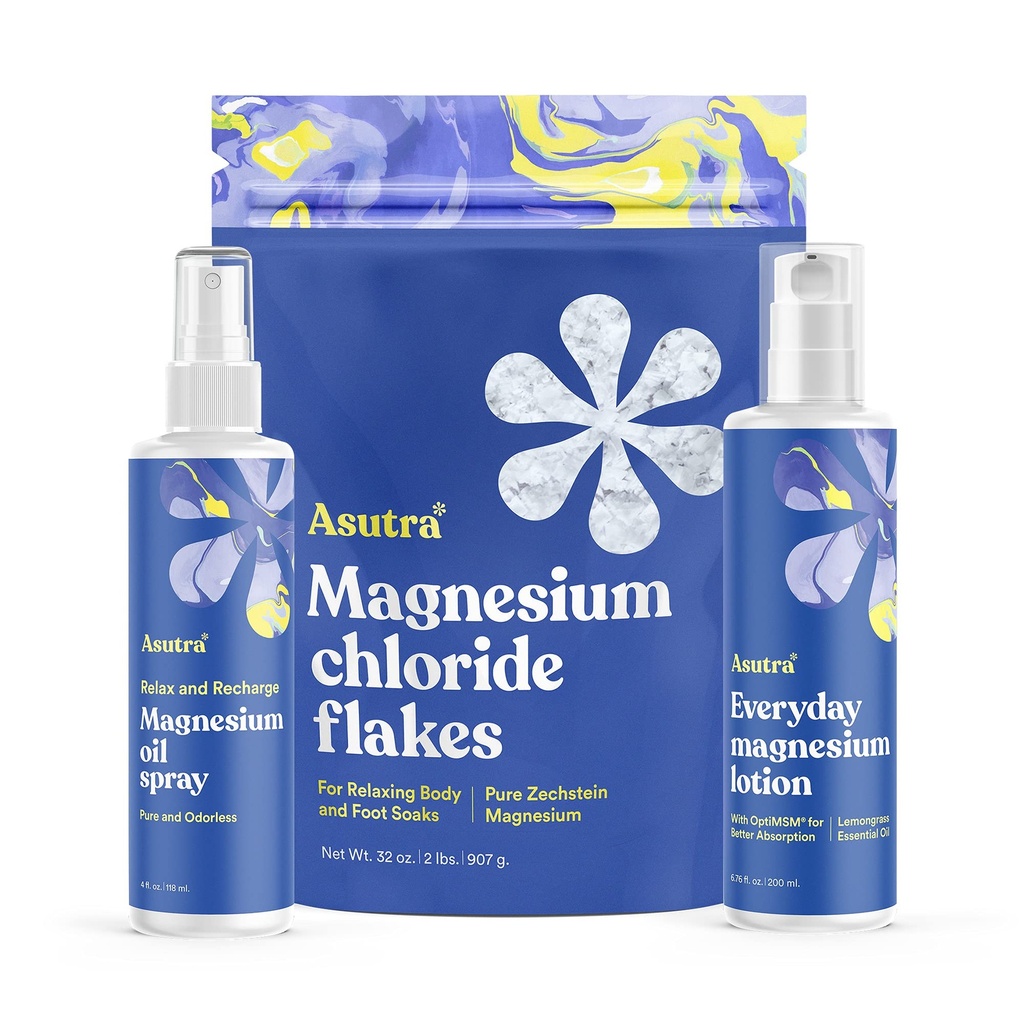 ASUTRA Ultimate Topical Magnesium Bundle, 4 fl oz Magnesium Oil Spray, 4 lb Bag of Magnesium Chloride Bath Flakes, 6.76 fl oz Everyday Magnesium Lotion, Magnesium Derived from Zechstein Seabed