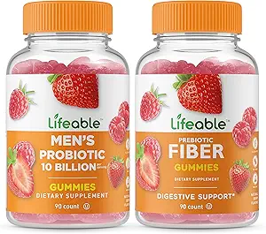 Probiotiques pour hommes vivants 10 milliards + fibre prébiotique 5g, Gummies Bundle - Grande dégustation, supplément de vitamine, sans gluten, sans OGM, gummy à mâcher