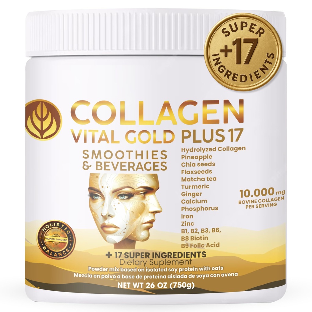 Vital Life, Collagen Peptides Powder – Hydrolyzed Collagen with BioSynergy Formula & 17 Super Ingredients, Pineapple Flavor, 26 oz, Supports Hair, Skin, Nails, Bones & Joint Health for Women & Men.