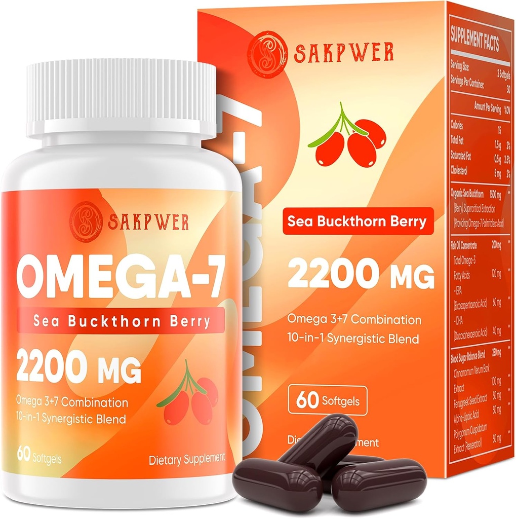 Omega-7 Sea Buckthorn Oil - met Omega-3 EPA/DHA Fish Oil, Cinnamomum, Fenegriek, ALA, Green Tea, Cayenne Pepper, Kurkuma, Resveratrol, Black Pepper - Glutenvrij, 60 Softgels