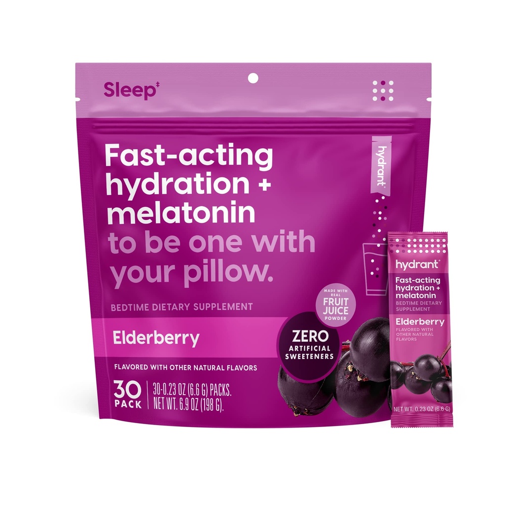 Hydrant - Sleep Electrolyte Powder, Elderberry Flavor, 30 Rapid Hydration Individual Stick Packs - Sleep Blend of Melatonin, L-Theanine, Magnesium, & Chamomile