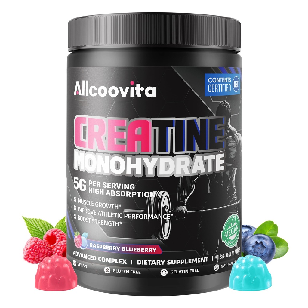 NSF Certified Creatine Gummy 5g - Creatine Monohydrate Gummies for Men & Women. Boost Focus,Strength, and Endurance, Anti-Melting Formula, Vegan, Gluten-Free, Non-GMO,(Raspberry & Blueberry 135 ct)