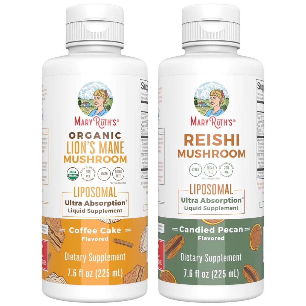 MaryRuth Organics Lion's Mane Liposomal (Coffee Cake) & Reishi Mushroom (Candided Pecan) 