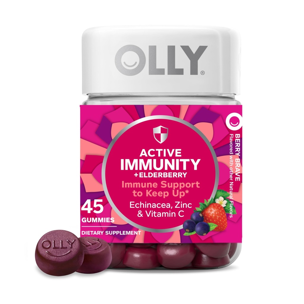 OLLY Active Immunity Gummy, Immune Support Supplement,* Elderberry, Zinc, Vitamin C, Berry Flavored, 15 Day Supply - 45 Count (Pack of 12)