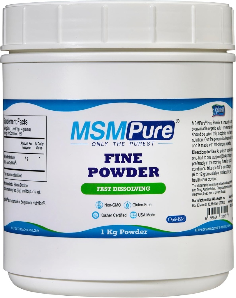 KALA SANTE MSMPure Dissolution rapide Fine MSM Powder Crystals – US-Fabriqué MSM pour la santé articulaire, l'apparence de la peau et le soutien des cheveux et des ongles – 2,2 lb, soufre organique