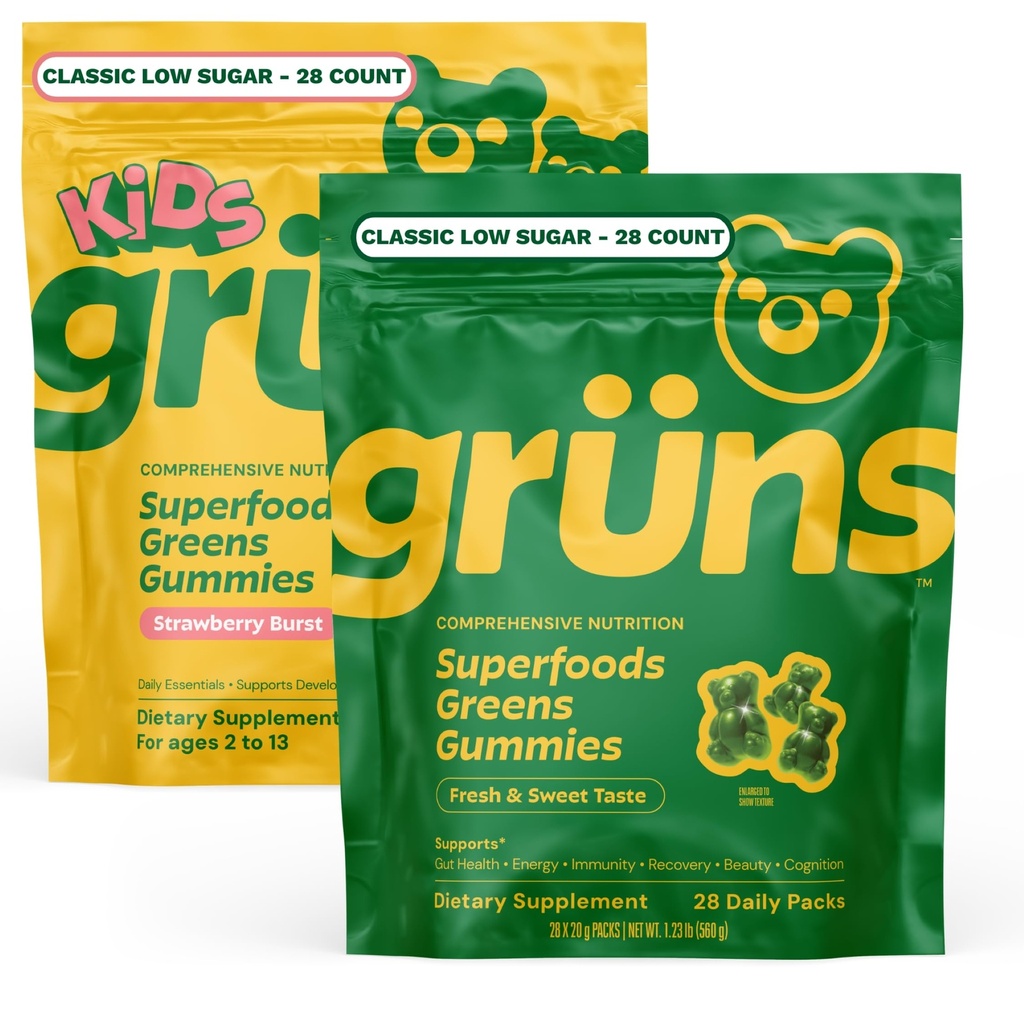 Gruns Adult + Kids Superfood Green Bundle, Nutritional Supplement 2-Pack (28 Day Supply) multivitamin Gummy + prebiotics + Greens Powders, 60+ Organic Ingredients, 20+ Vitamins and Minerals