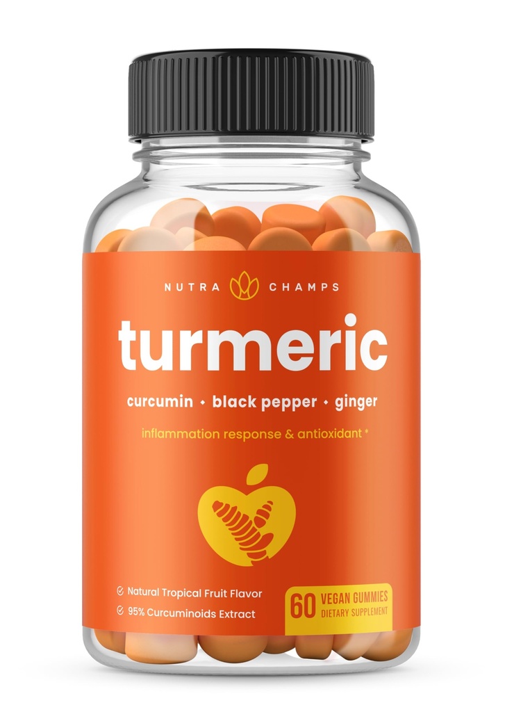 NutraChamps Gummies curcuma pour adultes et enfants avec Ginger & Black Pepper Extract, 95% Curcuminoïdes, Vegan Natural Curcumin Joint Support Supplément, Tumeric Gummy Suppléments