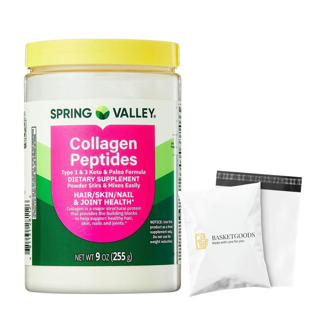Collagen Peptides Powder 255g (9 Oz) - Hydrolyzed Protein(Type I & III) Keto Collagen Powder for Women & Men - Hair, Skin and Joints by Spring Valley (Pack of 1) - Set By Basket Goods
