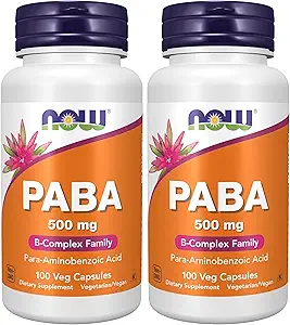 NOW Supplementen, PABA (para-Aminobenzoëzuur) 500 mg, B-Complex Familie, 100 capsules (verpakking van 2)