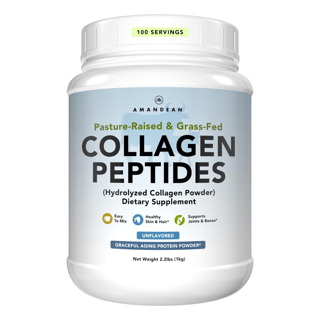 Poudre de peptides de collagène d'AMANDEAN 1kg. Hydrolysée à l'herbe, hydrolysée enzymatiquement, de type 1 et 3. Aggloméré, facile à mélanger, non aromatisé, non OGM. Protéines avec 18 acides aminés pour une peau saine, cheveux, ongles.