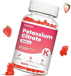 Gommies de potassium pour adultes femmes et hommes, supplément de citrate de potassium, soutien des crampes de jambe, santé musculaire et équilibre électrolytique, sans sucre, biologique, végétalien, fraise, 60 Cts