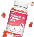 Gommies de potassium pour adultes femmes et hommes, supplément de citrate de potassium, soutien des crampes de jambe, santé musculaire et équilibre électrolytique, sans sucre, biologique, végétalien, fraise, 60 Cts