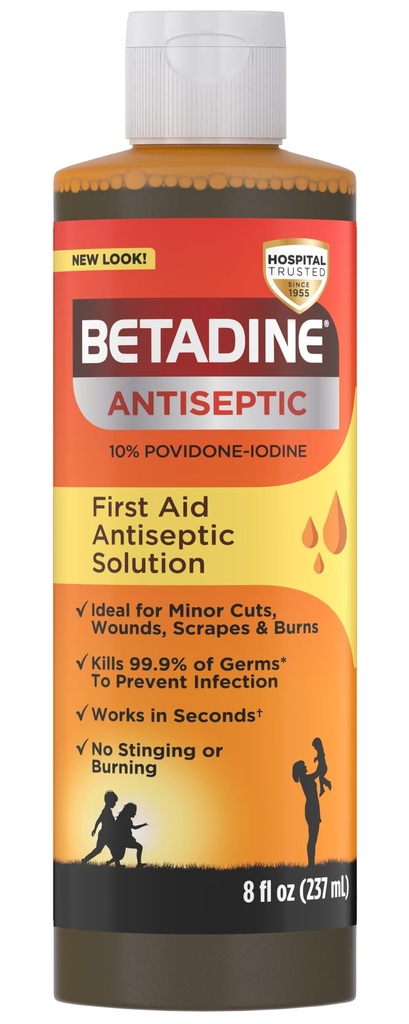 Betadine Antiseptische Eerste Hulp Oplossing, Povidon-jood 10%, Besmetting Bescherming, Doodt Germs In Minor Cuts Scrapes En Brandt, Geen Sting Belofte, Geen Alcohol of Waterstof Peroxide, 8 FL OZ
